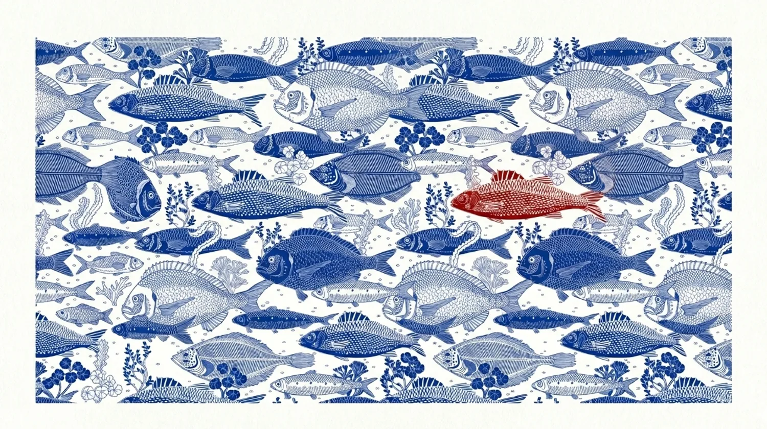 School of grey fish with one outlier, illustrating the Vaderopa × Talaso outlier principle